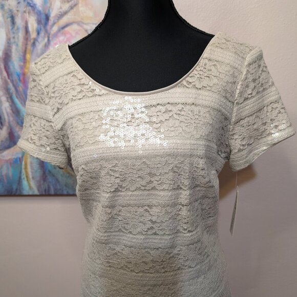 NEW Donna Ricco Knee-Length Sheath Dress, Cap Sleeve Taupe Lace & Sequin Overlay - Picture 4 of 15